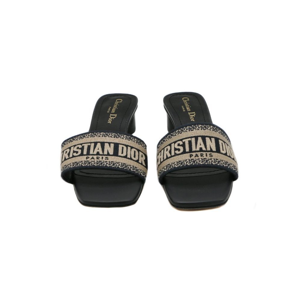 12688 - Christian Dior Dway Heeled Slide Dark Blue Embroidered Cotton Size 37 - Picture 2 of 8